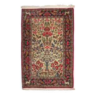 Tappeto Iraniano Qum Kurk 157x108 cm extra fne con trama in cotone e vello in lana kurk. Disegno tipo floreale e faunistico.