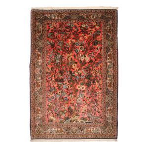 Tappeto Iraniano Qum Kurk 158x106 cm qualità finissima con trama in cotone e vello in lana kurk. Disegno tipo floreale e faunistico.