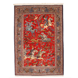Tappeto Iraniano Qum Kurk 155x107 cm qualità finissima con trama in cotone e vello in lana kurk. Disegno scena di caccia.