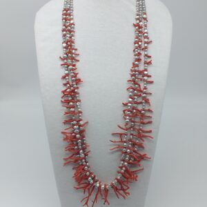 Collana Lunga Perle Corallo e Ematite