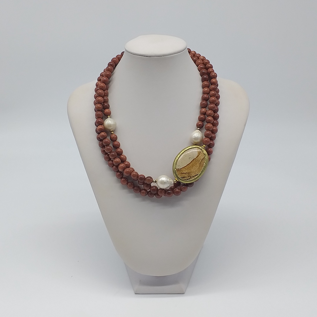 322) 16 414 (2) Collana corta Avventurina Perle e Pietra Paesina