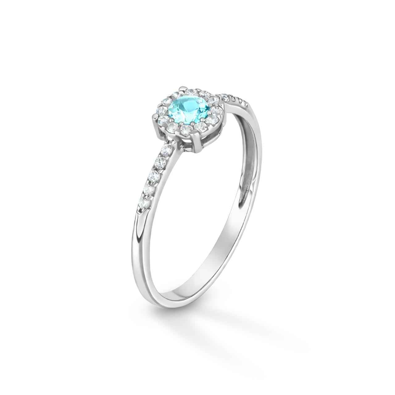 A1V1Q1 Anello24 nof oro bianco centrale celeste acquamarina contorno e gambo Zirconi Bianchi mis14
